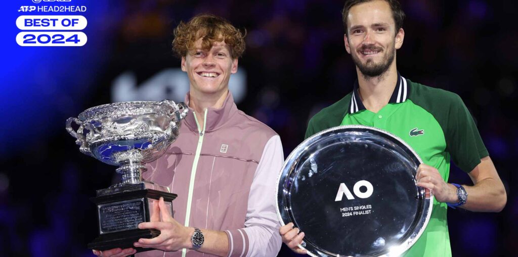 Jannik Sinner and Daniil Medvedev at the 2024 Australian Open trophy ceremony.