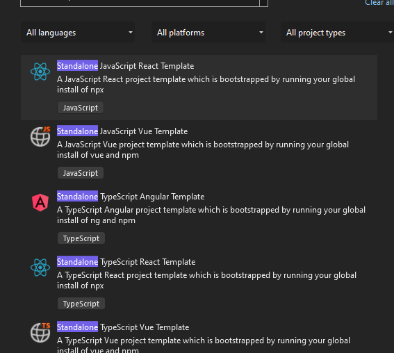 JavaScript and TypeScript Projects with React, Angular, or Vue in Visual Studio 2022 with or without .NET