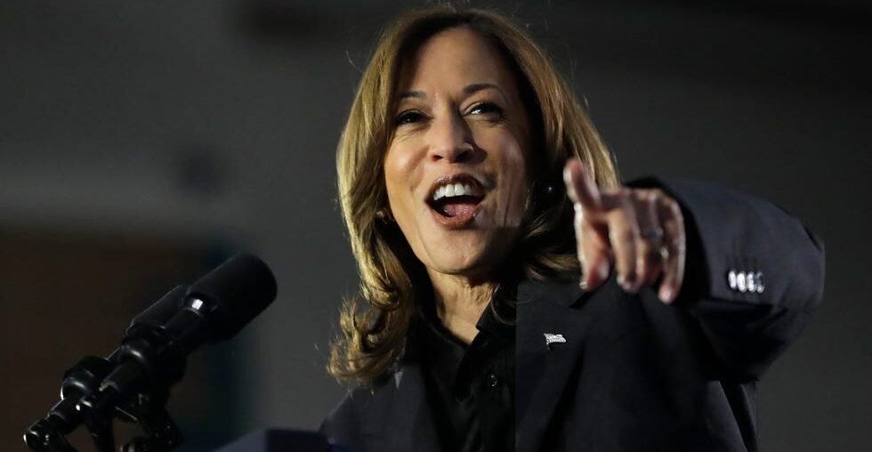 Vice President Kamala Harris speaks during a Get Out The Vote campaign rally Friday, November 1, 2024, at Little Chute High School in Little Chute, Wisconsin.