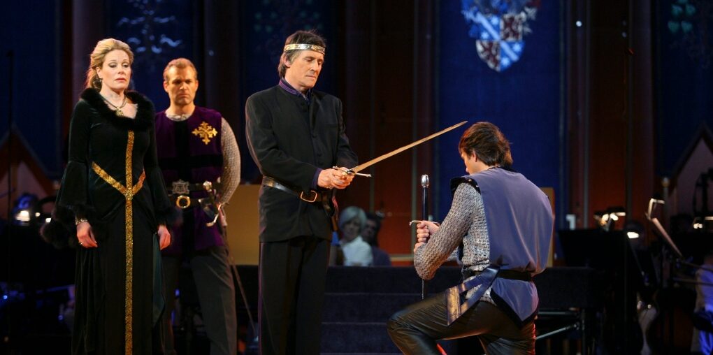 Nathan Gunn, right, performs as Lancelot alongside Marin Mazzie, left, performing as Guenevere and Gabriel Byrne Performing as King Arthur in "Camelot" Wednesday, May 7, 2008 in New York. (AP Photo/Mary Altaffer)