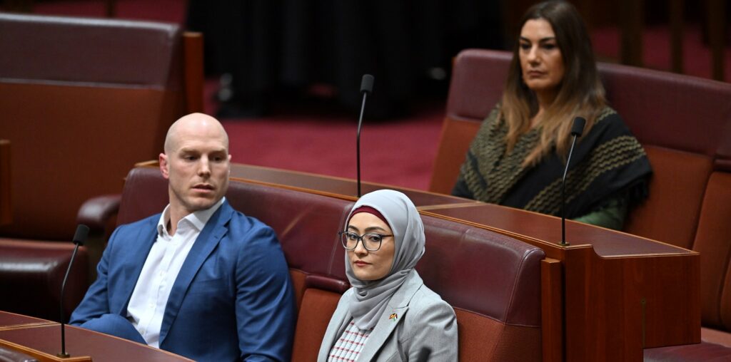 Independent Senators David Pocock, Fatima Payman and Lidia Thorpe (Image: AAP/Lukas Coch)