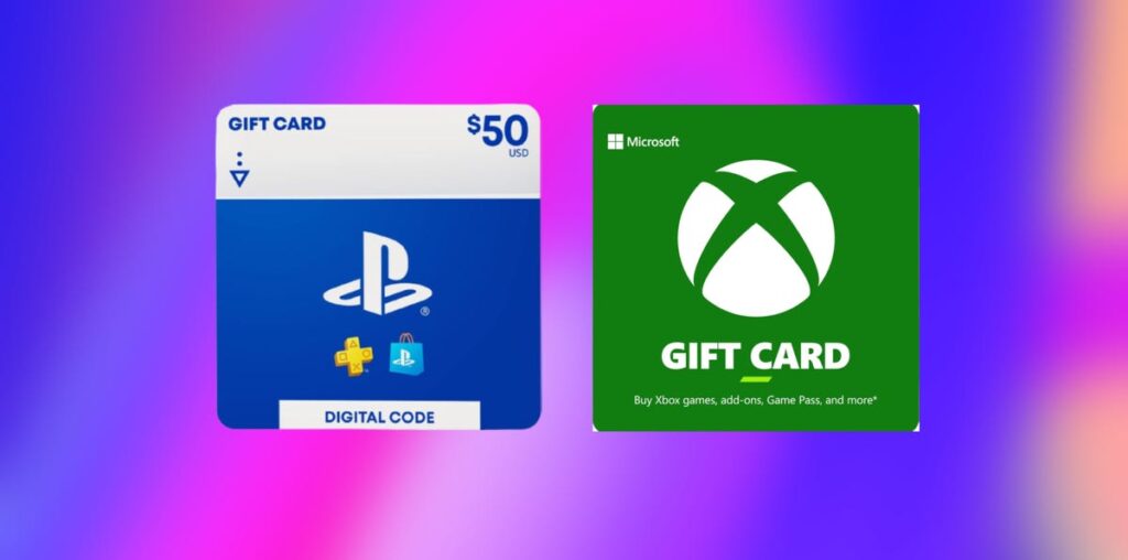 Two $50 gift cards for Playstation and Xbox displayed side by side against a gradient purple and pink background