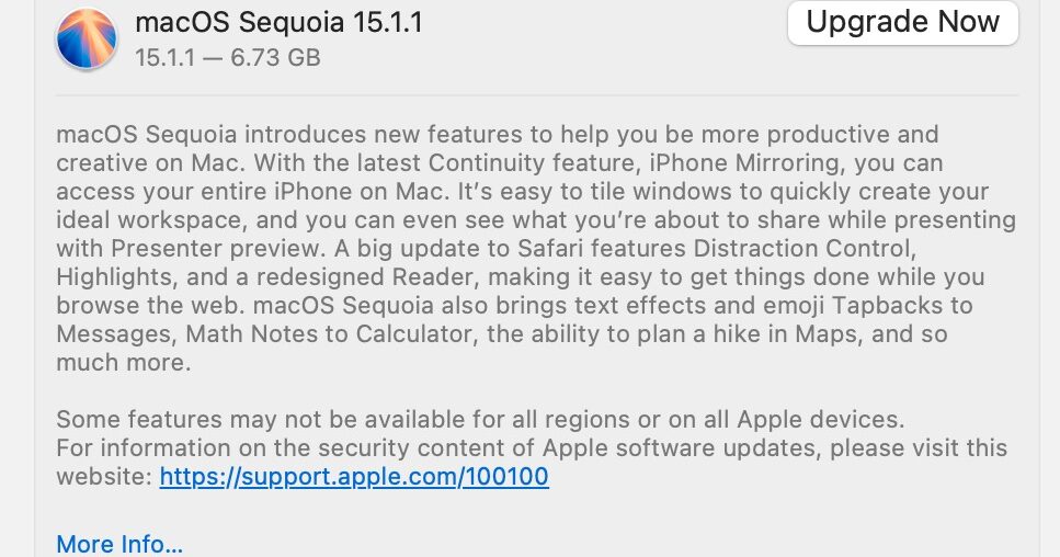 MacOS Sequoia 15.1.1 update