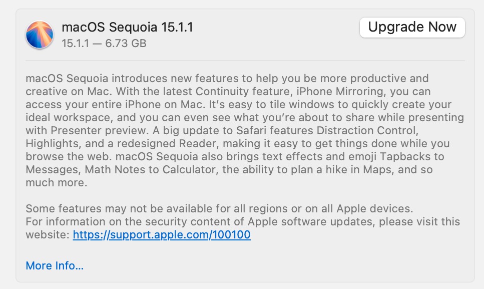 MacOS Sequoia 15.1.1 with Security Fixes Available Now