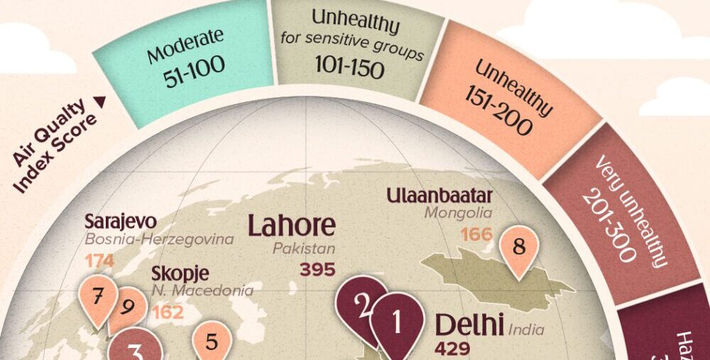 This cropped graphic locates the cities with the worst air pollution as of Nov. 18, 2024.