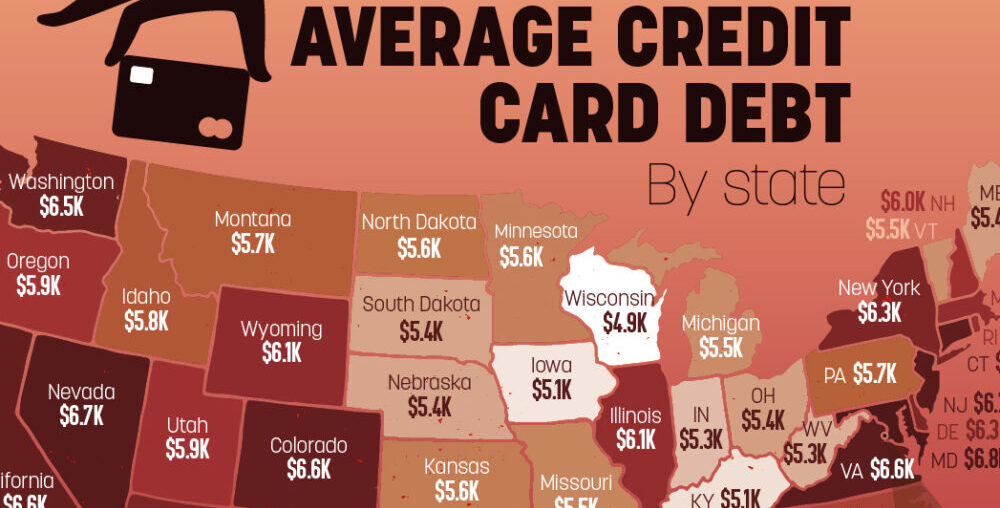 This cropped map visualizes the average credit card debt by U.S. state