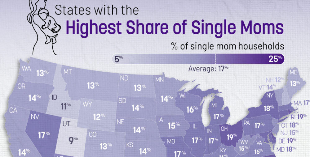 This map shows the share of single mothers by U.S. state.