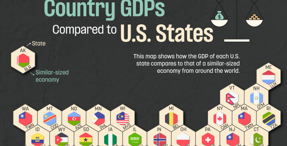 This map compares the gross domestic product (GDP) of each U.S. state to that of a similarly-sized country.