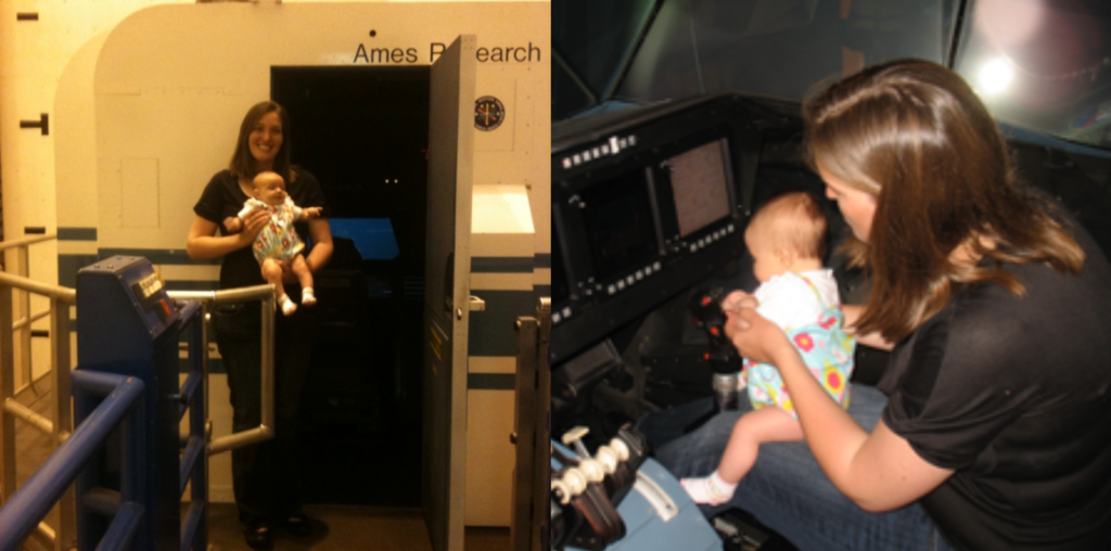 Two images - Left, Diana Acosta holding her daughter in front of the cab of NASA's Vertical Motion Simulator. Right, Diana Acosta with her daughter inside the control deck of the Vertical Motion Simulator.