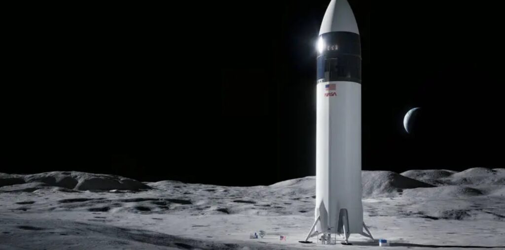 Starship rocket stands tall on the gray lunar surface with Earth in the background