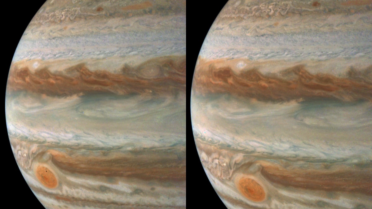 NASA’s Juno shows Jupiter’s storms and moon Amalthea up close