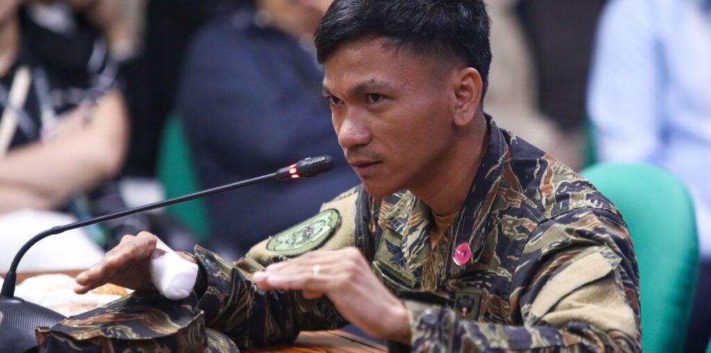 NAVY SOLDIER NARRATES JUNE 17 INCIDENT: Philippine Navy serviceman Seaman First Class Underwater Operator Jeffrey Facundo relates before senators during the Committee on Foreign Relations hearing Tuesday, June 25, 2024, the collision between a Chinese Coast Guard ship and a Filipino vessel performing rotation and resupply mission in Ayungin Shoal last June 17. Facundo’s right thumb was severely injured during the incident. President Ferdinand “Bongbong” Marcos Jr. conferred the injured soldier the Order of Lapu-Lapu Rank of Kampilan. (Bibo Nueva España/Senate PRIB)