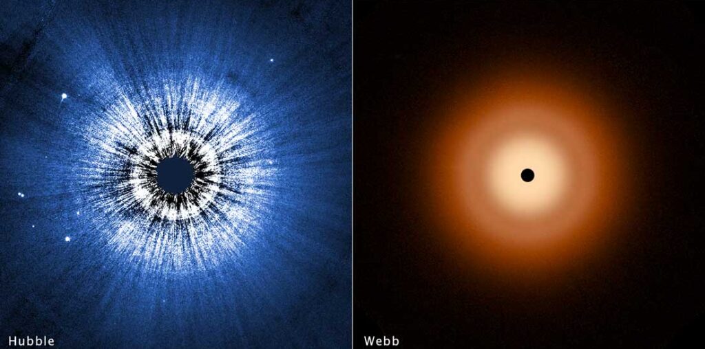 on the left, a black disk with a white halo against a dark blue background.on the right, a small black dot surrounded by a light orange halo and then a dark orange halo against a black background