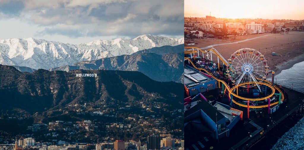 A split image features the iconic Hollywood Sign on a mountain with snowy peaks in the background on the left. On the right, a brightly lit Ferris wheel sits on a pier at the shoreline during sunset.