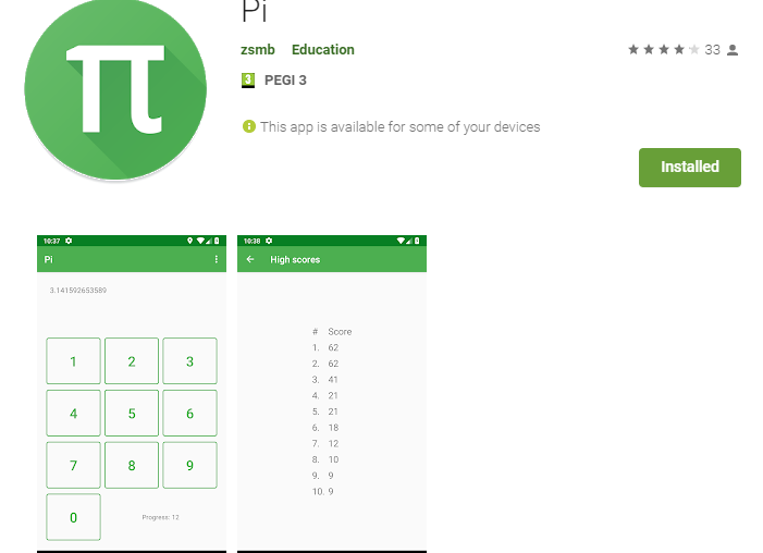 The Pi app in the Play Store