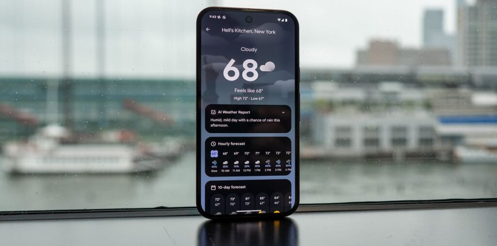 Exploring the new Pixel Weather app on a Google Pixel 9 Pro XL including AI summary and the new widget view