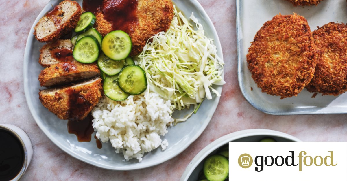 Pork mince katsu with pickled cucumbers and cabbage