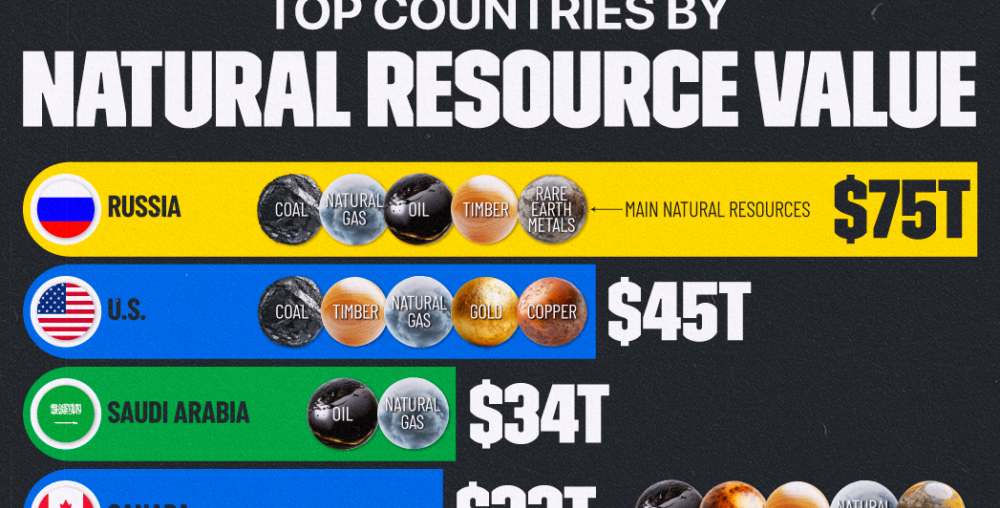 This graphic shows the top 10 countries based on natural resource value as of 2021, according to Statista.