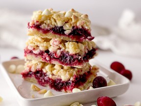 Rich, sweet and delicious: Cranberries, white chocolate crumble bars