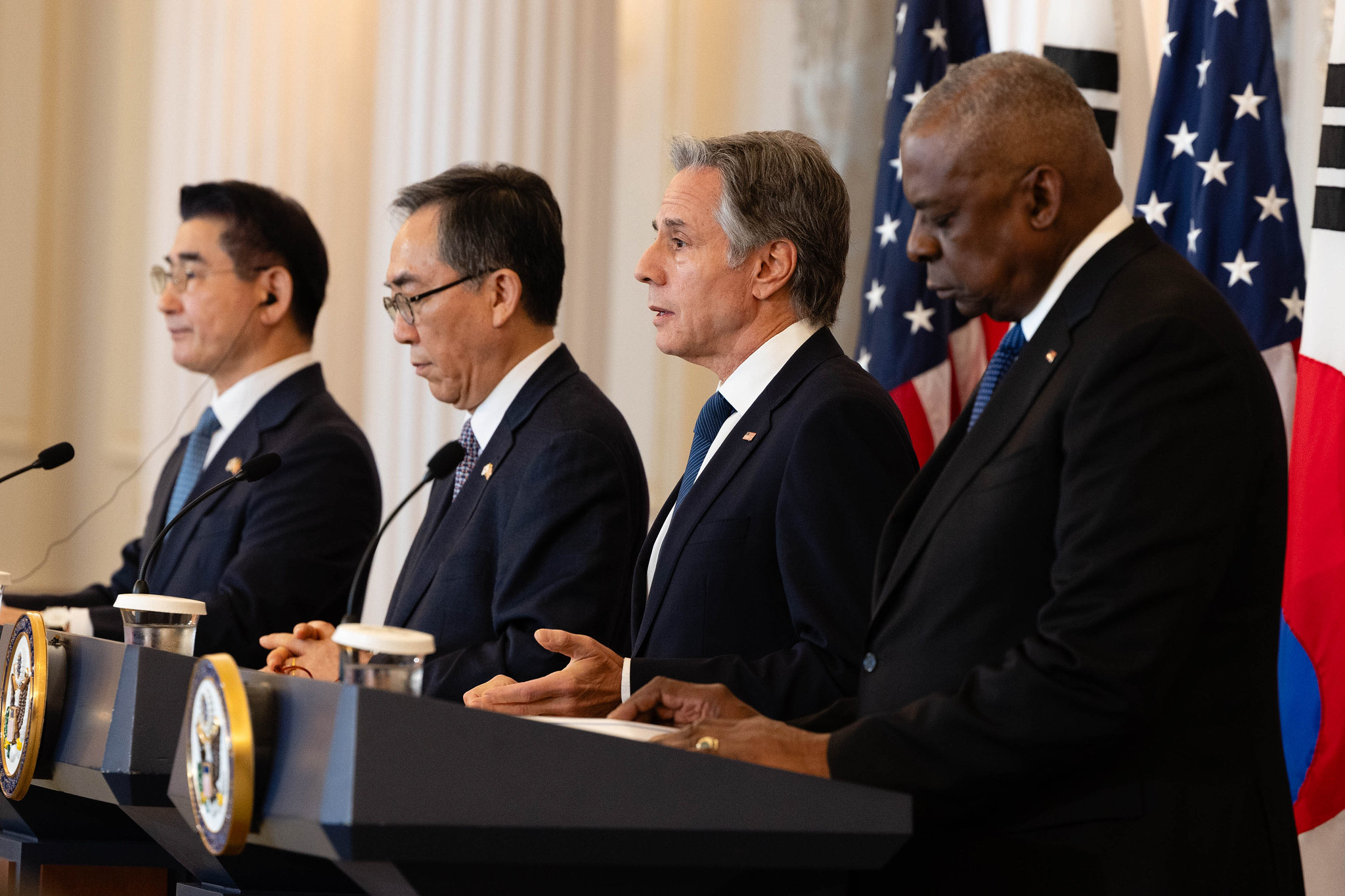 Secretary Blinken Secretary Austin III, ROK Minister of Foreign Affairs Cho, and ROK Minister of Defense Kim at a Joint Press Availability