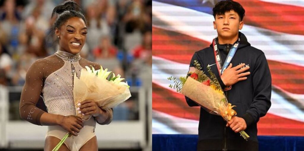 Simone Biles reacts to Yul Moldauer