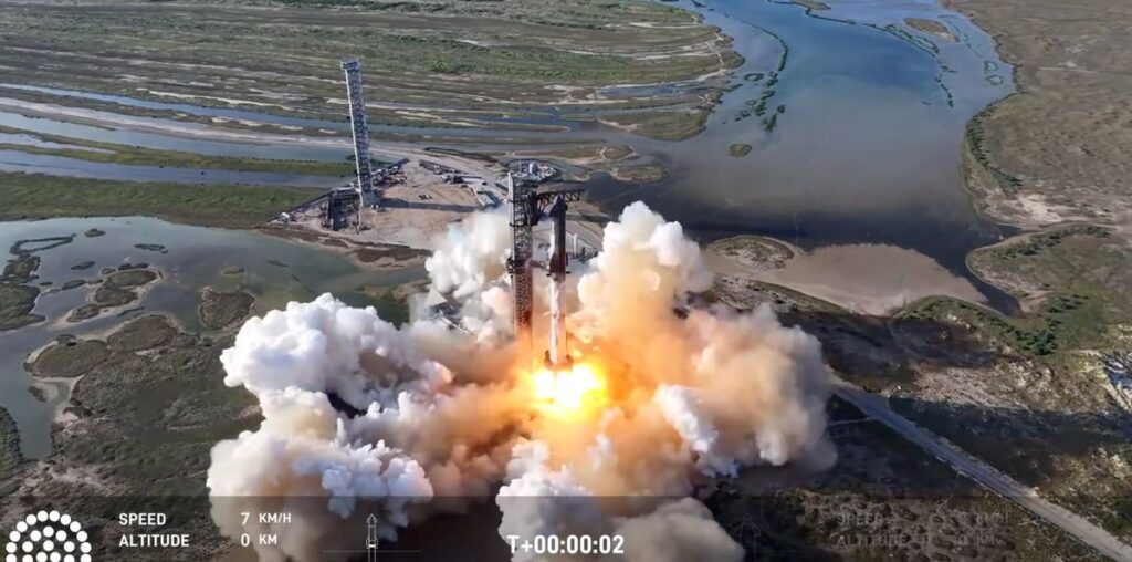 a giant rocket launches from a seaside wetland habitat into a blue sky