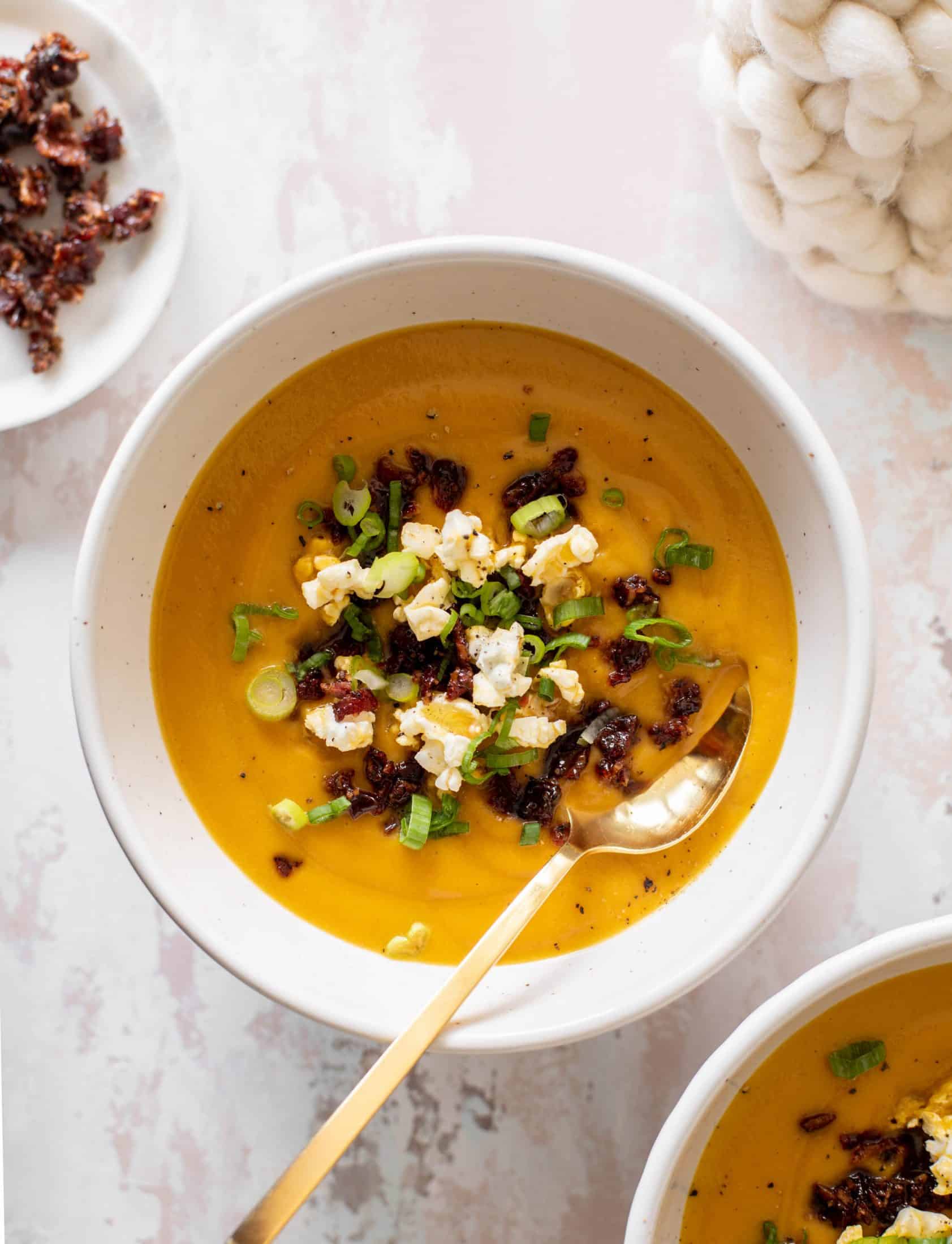 Spicy Honeynut Squash Soup with Buttered Popcorn.