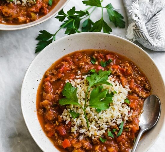 Bowl of hearty stuffed pepper soup with rice