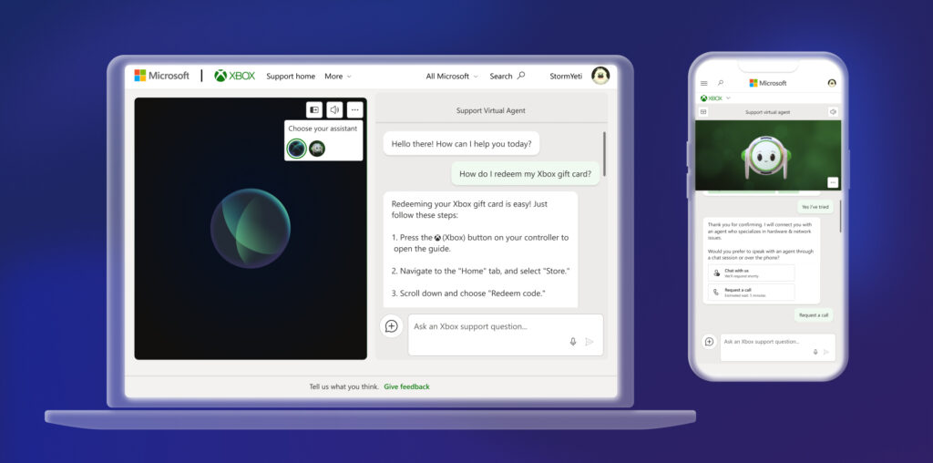 A computer on support.xbox.com showing a text conversation between a user and the Support Virtual Agent about redeeming an Xbox gift card. The computer is next to a phone showing a conversation about connecting to an agent via chat or phone, with an image of the Support Virtual Agent.