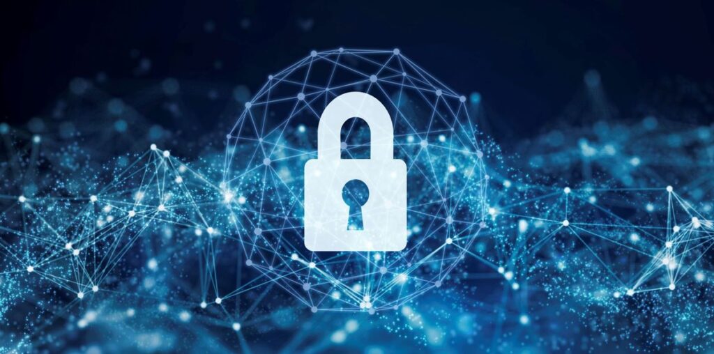 Security padlock in circuit board, digital encryption concept