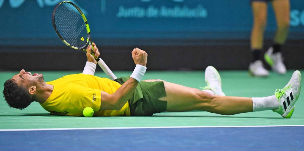 Thanasi Kokkinakis celebrates after saving four match points to defeat Ben Shelton on Thursday at the Davis Cup Final 8.