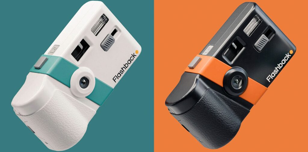 Two retro-style cameras are displayed on split backgrounds. The left camera is white with teal accents, and the right camera is black with orange accents. Both have the brand name "Flashback" visible on the side, set against teal and orange backgrounds.