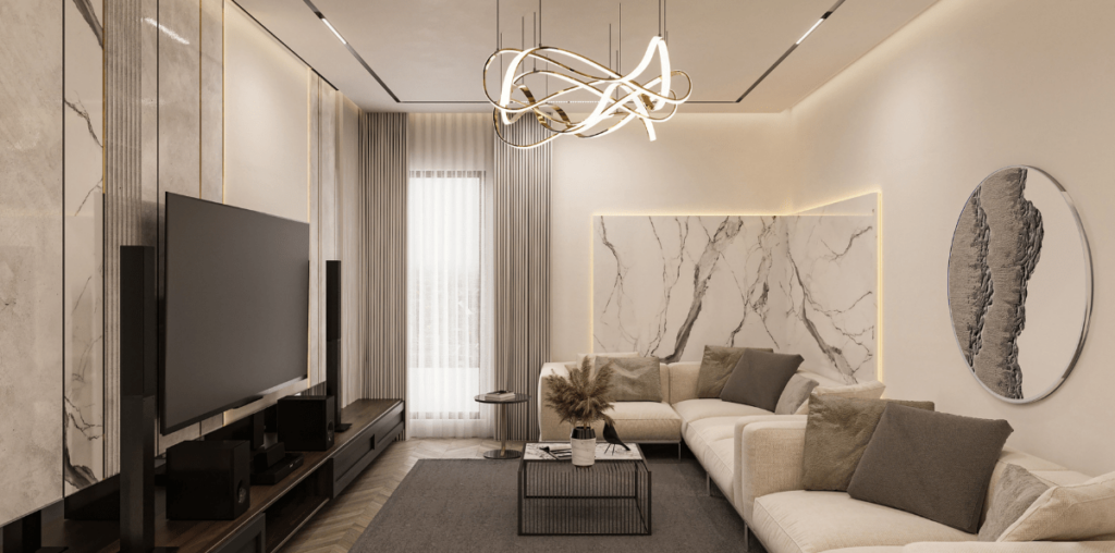 Modern and luxurious living room with a statement lighting piece.