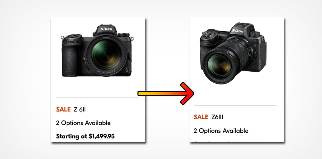 Two Nikon camera images side by side. The left is labeled "SALE Z 6II" and priced at $1,499.95, while the right says "SALE Z6III" with no price visible. Both have "2 Options Available" text. An arrow points from left to right, suggesting an upgrade.