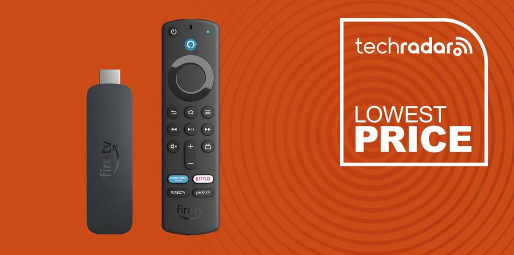 Amazon Fire TV Stick 4K with AI-powered Fire TV Search on orange background with lowest price TechRadar icon