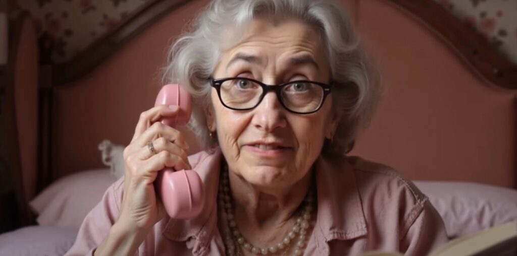 An elderly woman with gray hair and glasses holds a pink telephone to her ear while sitting on a bed. She wears a pink blouse and a pearl necklace, and appears to be in a bedroom setting with a floral wallpaper in the background.