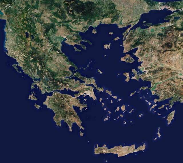 This image of Greece and the Aegean Sea is compiled from data returned from the Copernicus Sentinel-2 mission between April and September 2020.