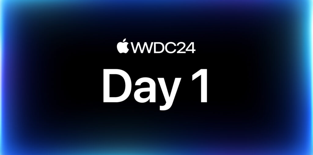 The words WWDC24: Day 1 set against a black background with a glowing blue border.