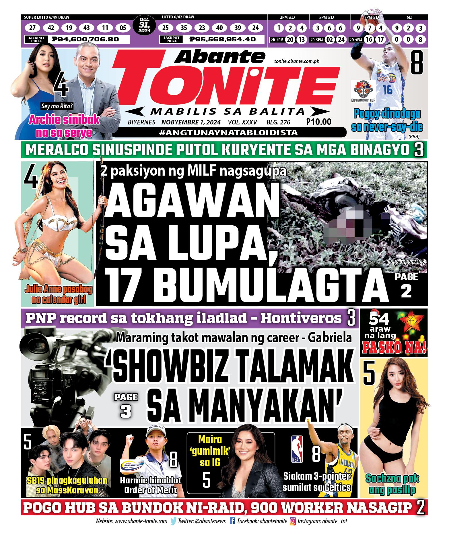 Tonite Front Page | Balita Ngayong Nobyembre 1, 2024 | Abante Tonite