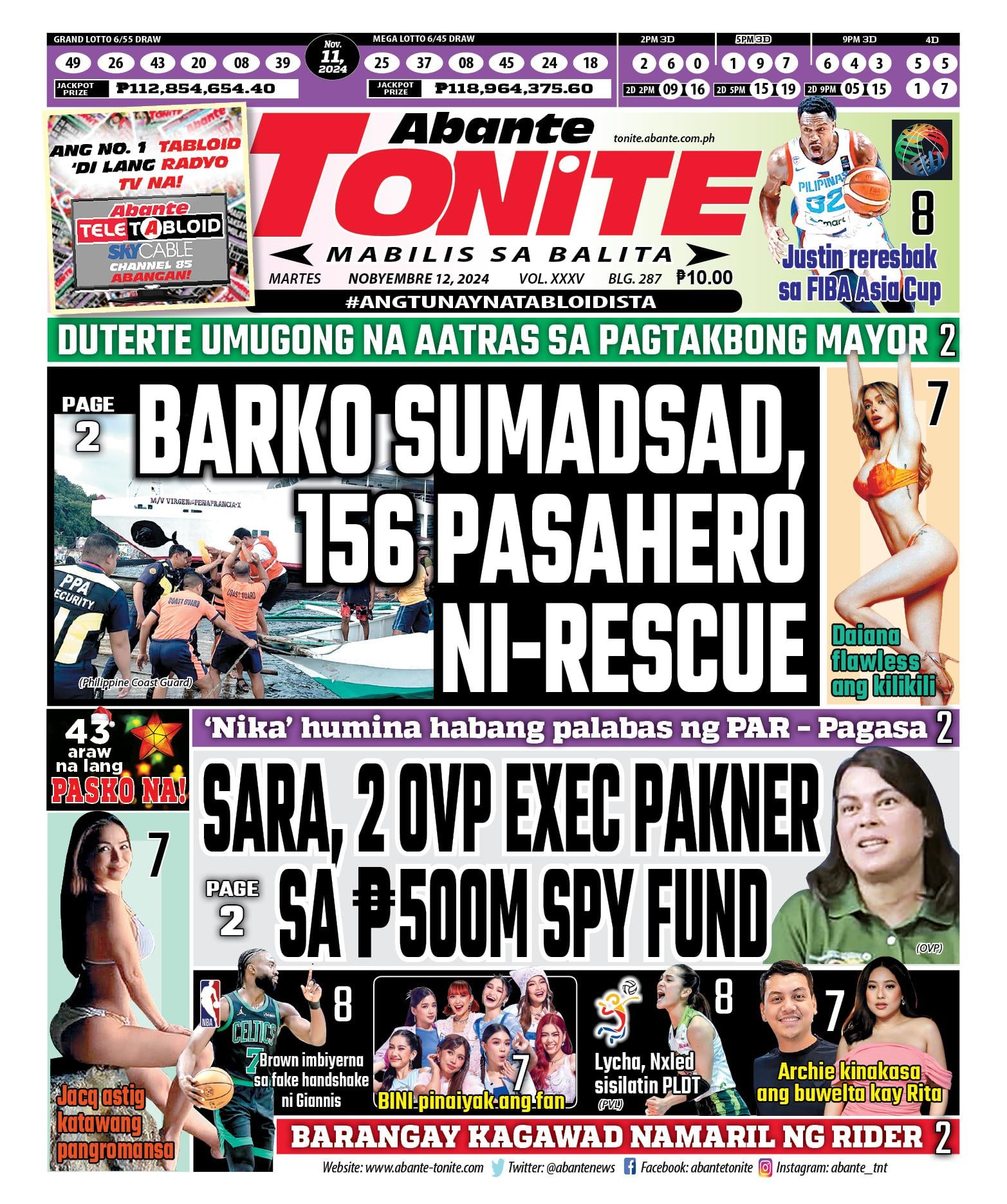 Tonite Front Page | Balita Ngayong Nobyembre 12, 2024 | Abante Tonite