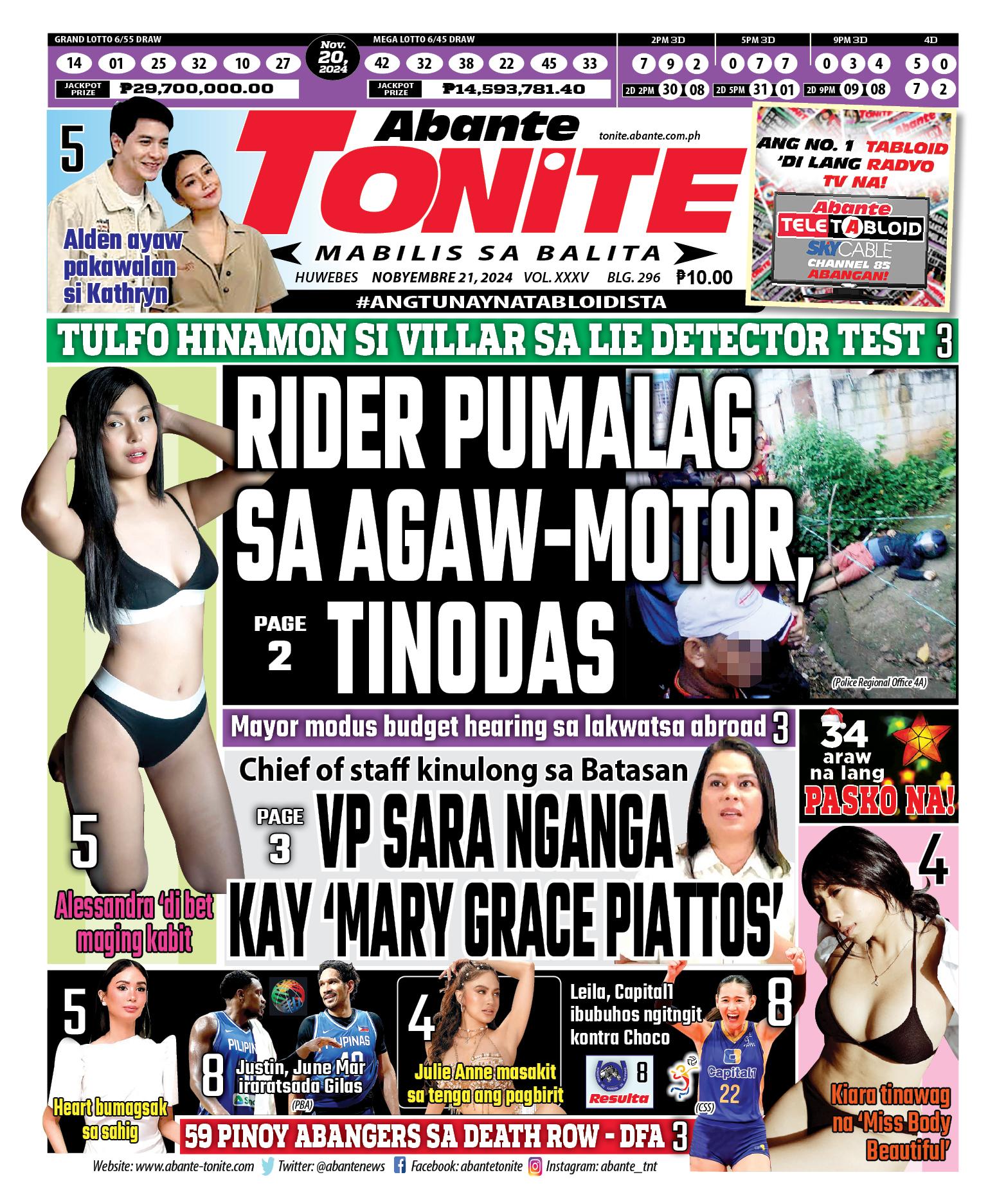 Tonite Front Page | Balita Ngayong Nobyembre 21, 2024 | Abante Tonite