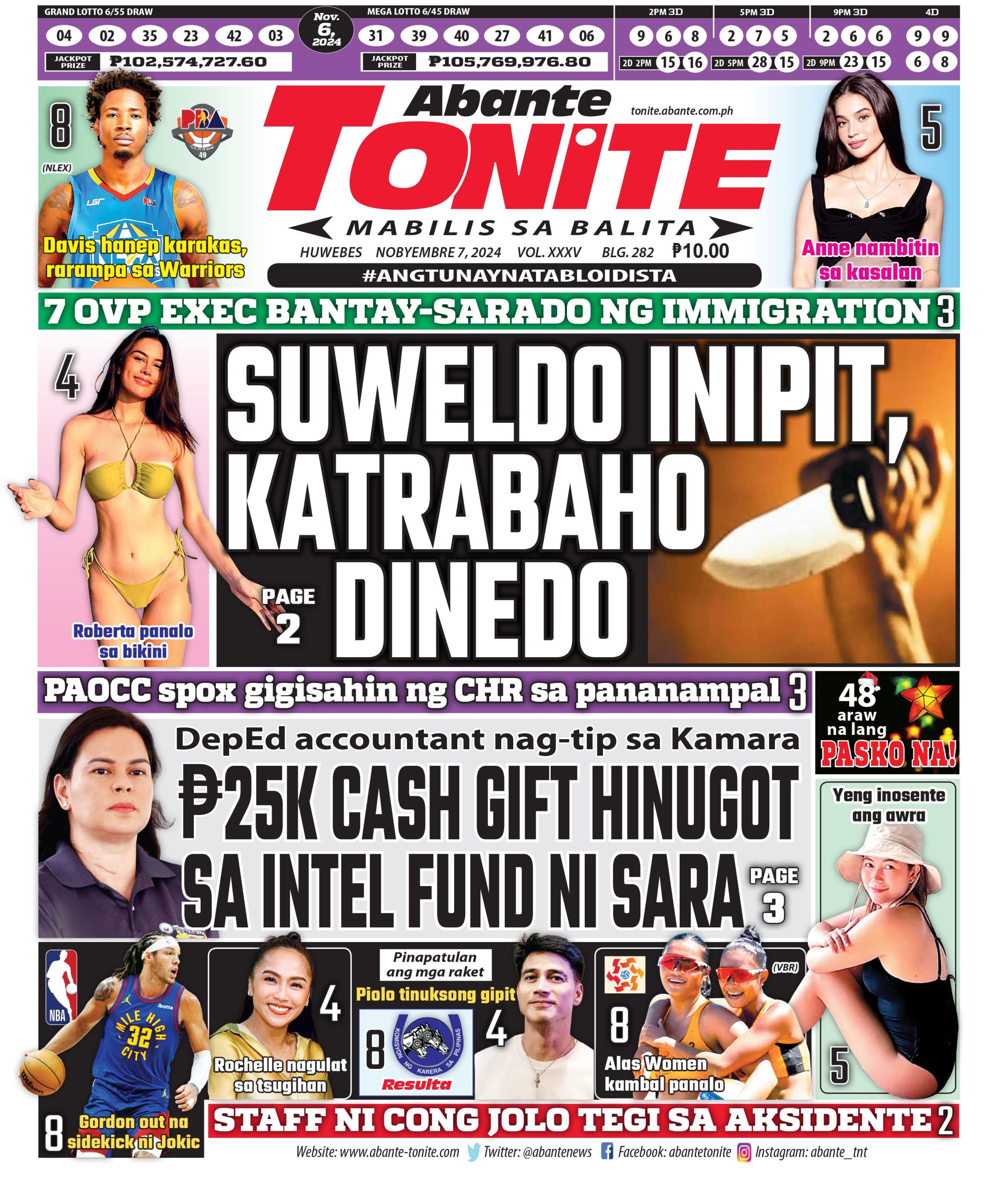 Tonite Front Page | Balita Ngayong Nobyembre 7, 2024 | Abante Tonite