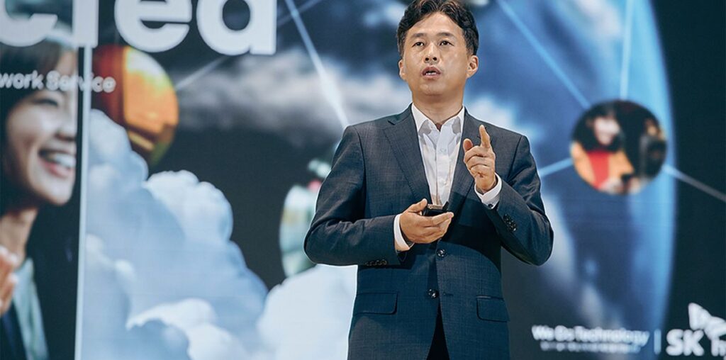 SK Hynix CEO Kwak Noh-Jung delivers a keynote speech at the SK AI Summit 2024 in Seoul, South Korea.