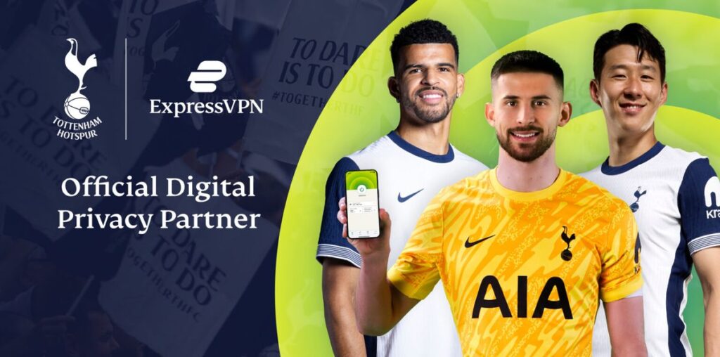 ExpressVPN and Tottenham Hotspurs logo next to players Heung-min Son, Dominic Solanke, and Guglielmo Vicario