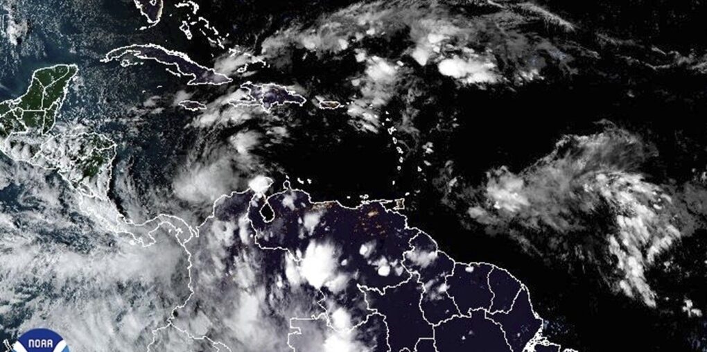 This satellite image provided by NOAA shows weather systems Sunday, Nov. 3, 2024. (NOAA via AP)