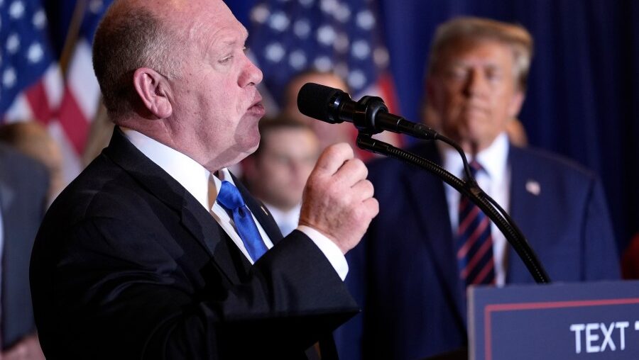 FILE -Tom Homan speaks as Republican presidential candidate former President Donald Trump listens at a primary election night party in Nashua, N.H., Jan. 23, 2024. (AP Photo/Matt Rourke), File)