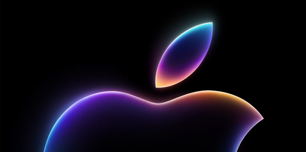 The top half of an Apple logo, in black with glowing blue, orange, and purple edges, set against a black background.