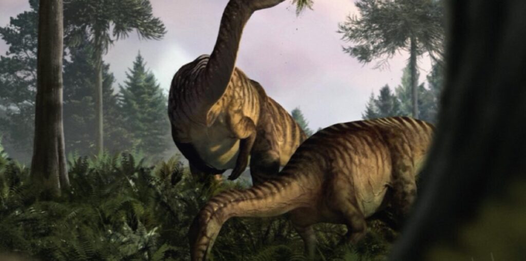 Artistic reconstruction of herbivorous, fern-eating sauropodomorph dinosaurs in the Early Jurassic ecosystem of Soltykow