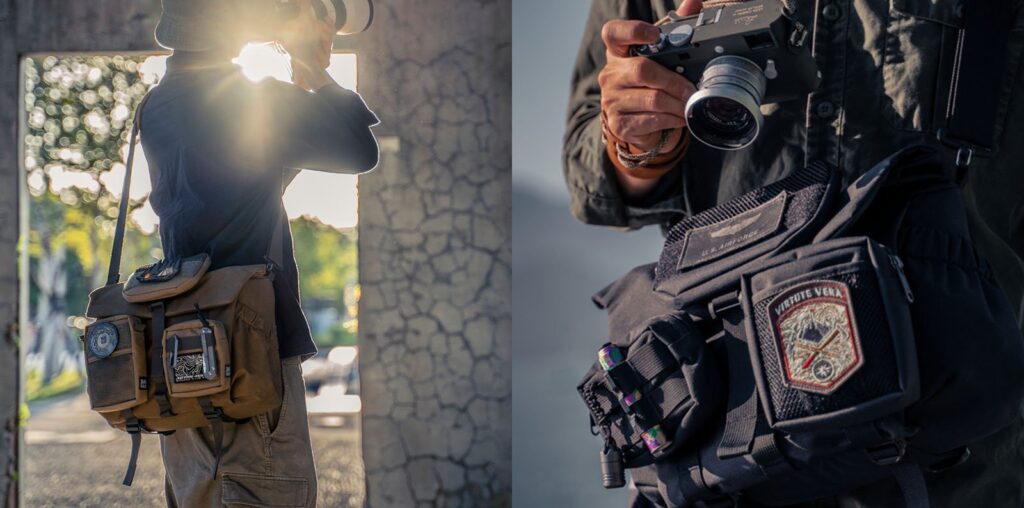 The image shows two close-up scenes of photographers outdoors. On the left, a person with a hat uses a camera in the sunlight. On the right, a person holds a camera, wearing a black bag with patches. Both bags have gear attached.