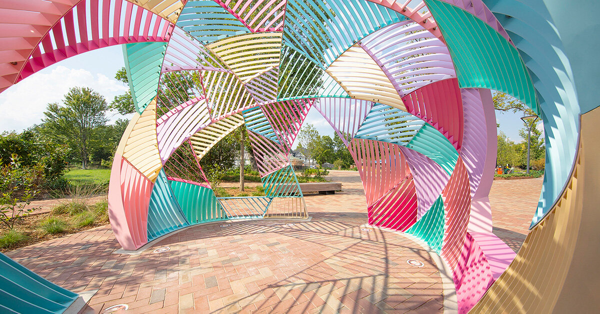 colorful dome-like pavilion by hou de sousa in arkansas resembles a quilt buoyed into the air